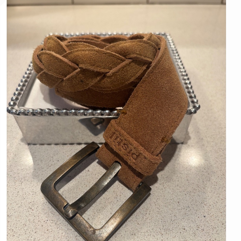 Pistil Women's Braided Suede Leather Belt Cognac Brown Boho Western Buckle 32-34